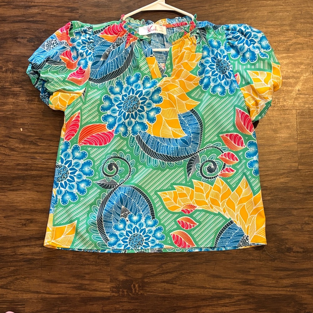 Krush Floral Puff Sleeve Top in Green, Blue & Yellow